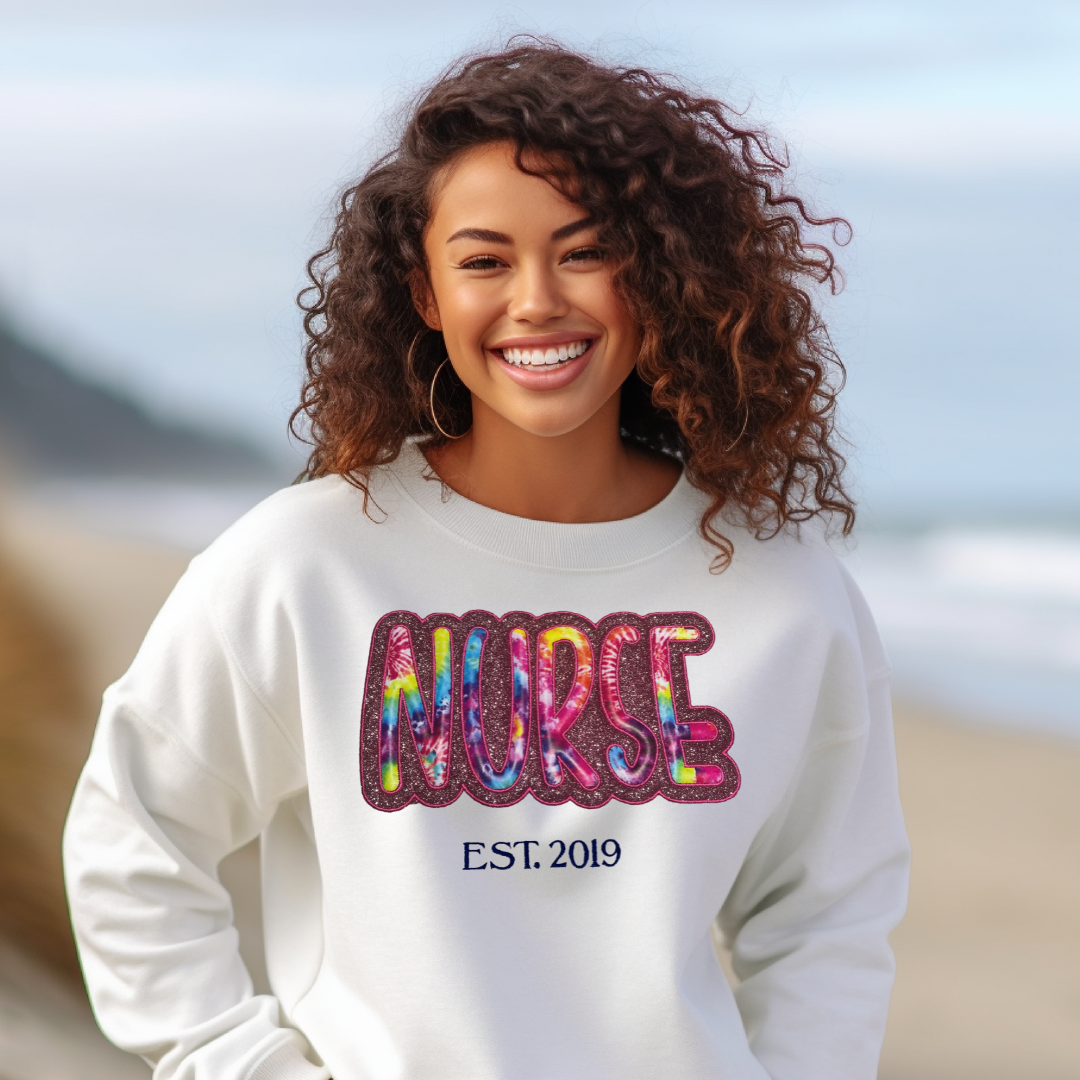 Nurse Glitter Tye Dye Print Sweatshirt with Embroidery Outline