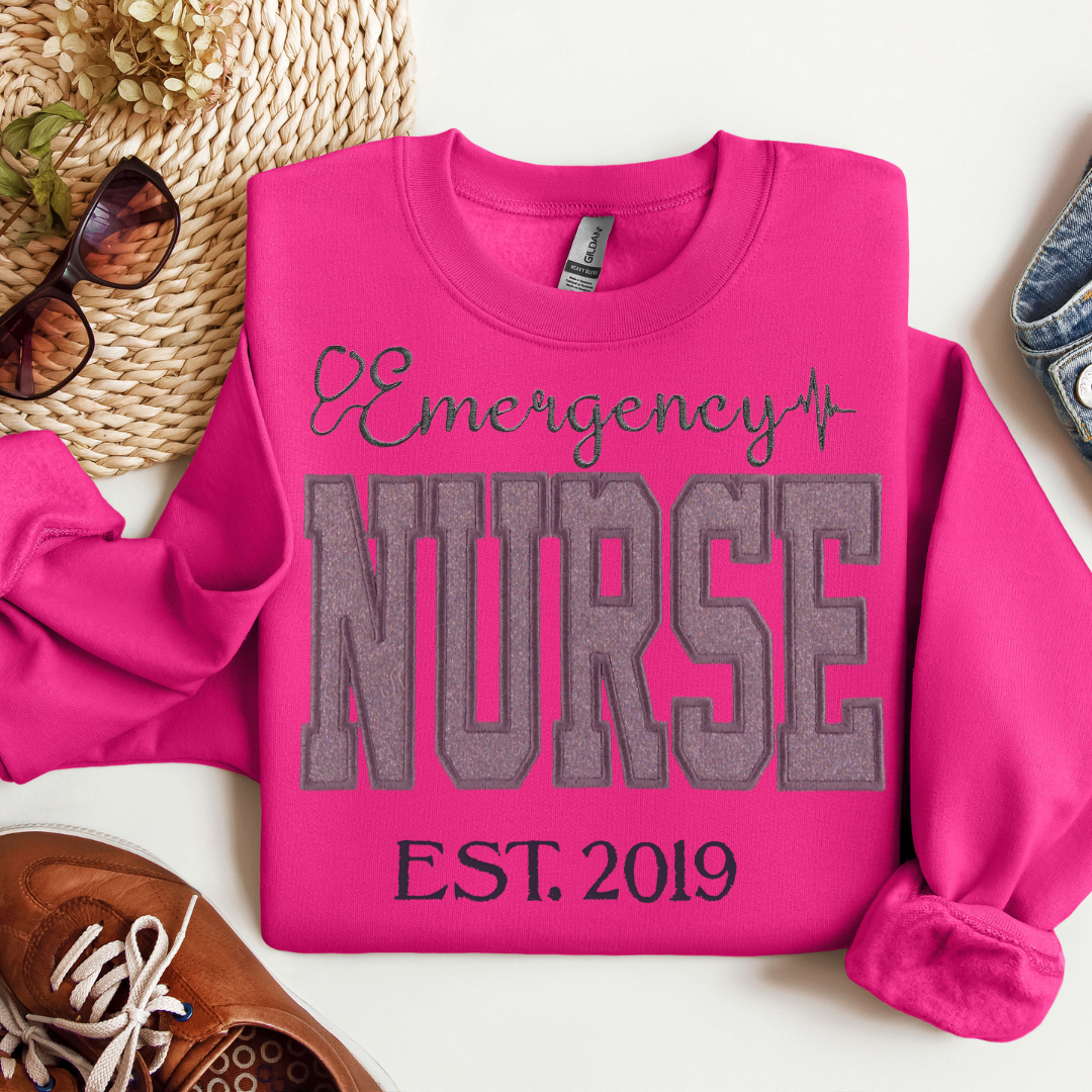 Stylish and Fun Grey Glitter ED Nurse Hoodie Unique Embroidery Crewneck