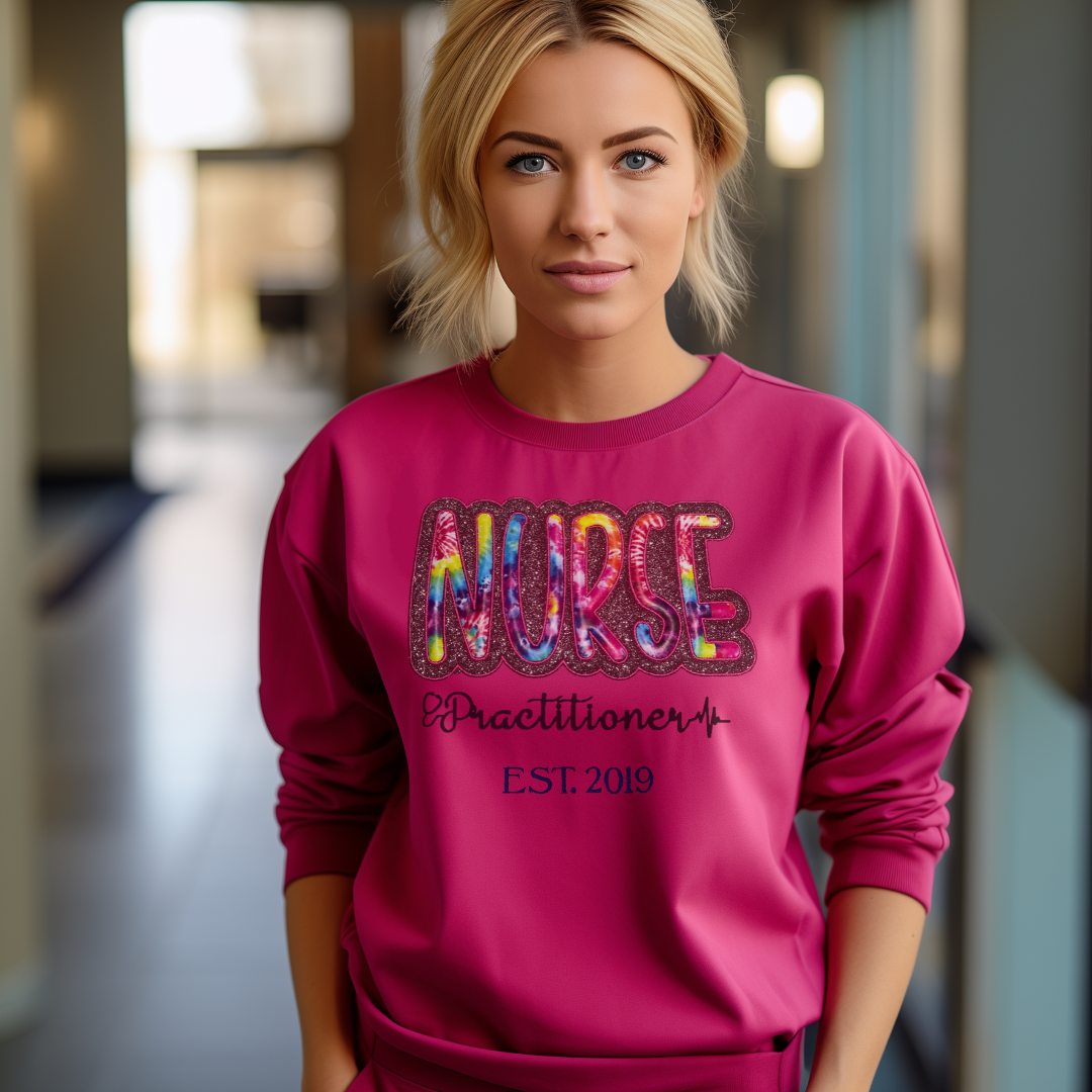 Trendy Cute Tye Dye Graphic Glitter Nurse Practitioner Embroidery Hoodie Sweatshirt