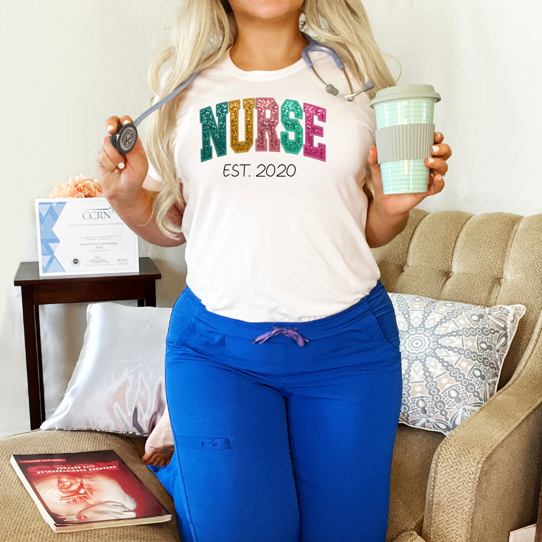 Faux Glitter Sequin Pretty Cute Custom NURSE Personalized T-Shirt Top