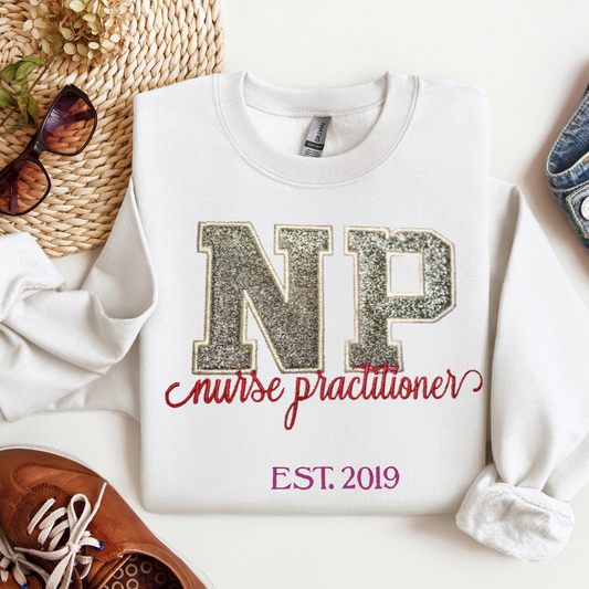 Personalized Glitter Cute Bold Nurse Practitioner Embroidery Hoodie Sweatshirt