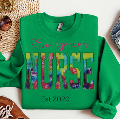 Tie Dye  Emergency Room Nurse Embroidery Crewneck