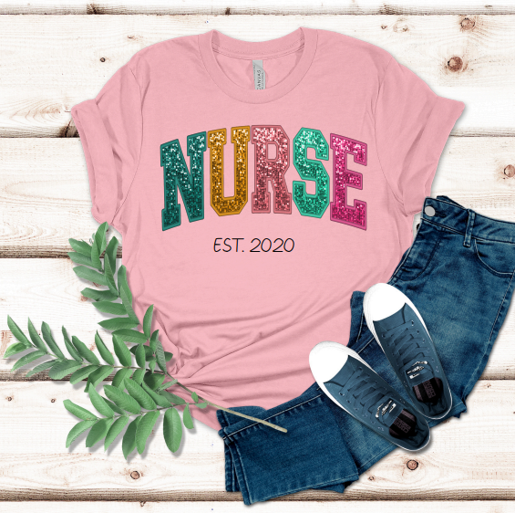 Faux Glitter Sequin Pretty Cute Custom NURSE Personalized T-Shirt Top