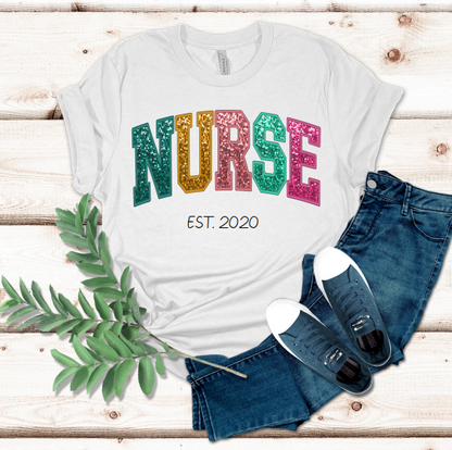 Faux Glitter Sequin Pretty Cute Custom NURSE Personalized T-Shirt Top