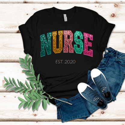 Faux Glitter Sequin Pretty Cute Custom NURSE Personalized T-Shirt Top