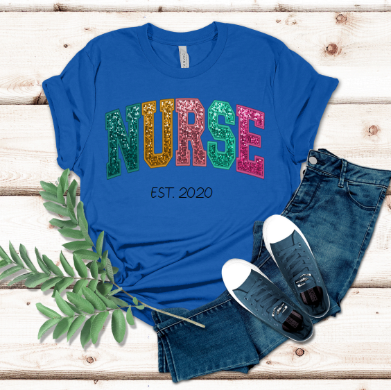 Faux Glitter Sequin Pretty Cute Custom NURSE Personalized T-Shirt Top