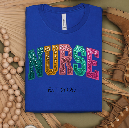 Faux Glitter Sequin Pretty Cute Custom NURSE Personalized T-Shirt Top