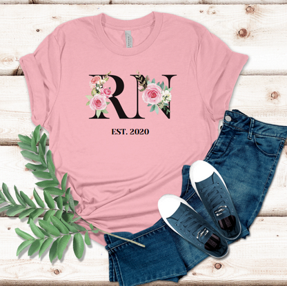 Pretty Floral Custom RN Fun Trendy Personalized Nurse T-Shirt