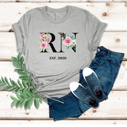 Pretty Floral Custom RN Fun Trendy Personalized Nurse T-Shirt