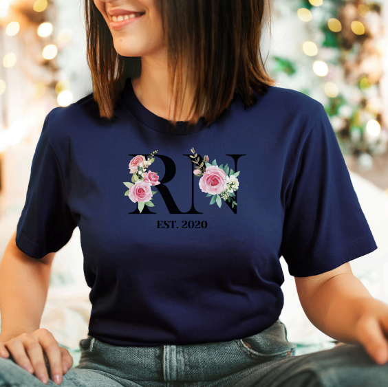 Pretty Floral Custom RN Fun Trendy Personalized Nurse T-Shirt