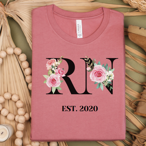 Pretty Floral Custom RN Fun Trendy Personalized Nurse T-Shirt