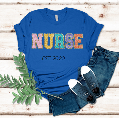 Faux Chenille Custom Cute Top NURSE Personalize Trendy T-Shirt