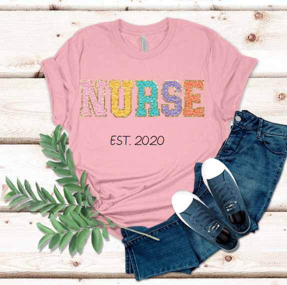 Faux Chenille Custom Cute Top NURSE Personalize Trendy T-Shirt