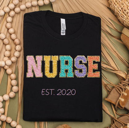 Faux Chenille Custom Cute Top NURSE Personalize Trendy T-Shirt