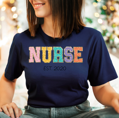 Faux Chenille Custom Cute Top NURSE Personalize Trendy T-Shirt